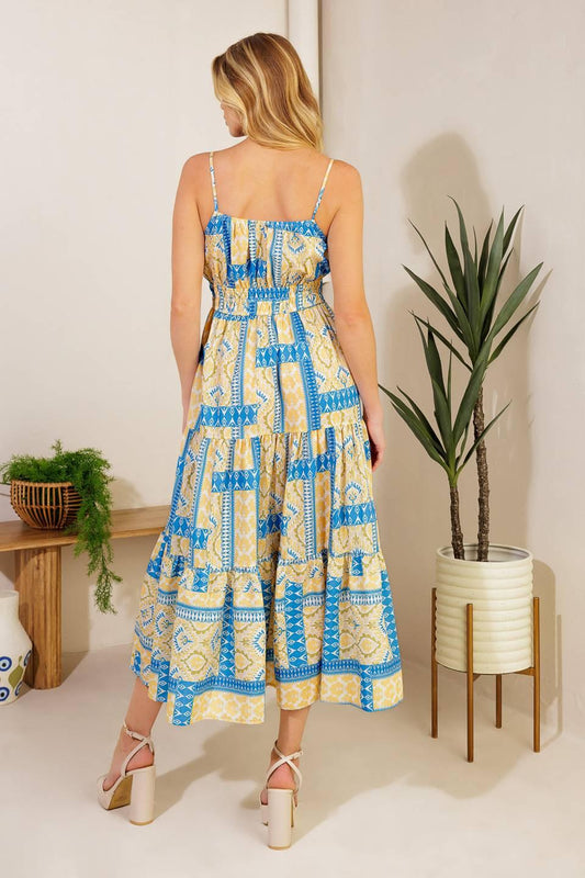 Making a Wish Woven Midi Dress in blue ivory, view 6 — Soul Flow Apparel