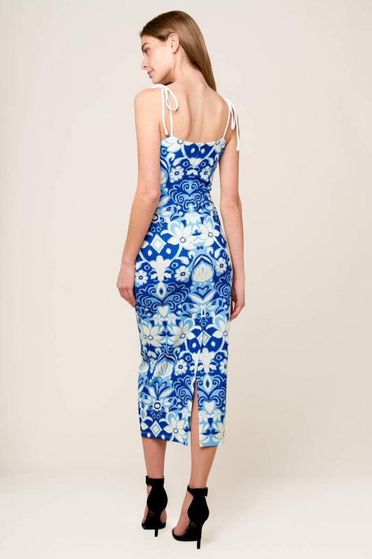 In the Countryside Woven Midi Dress in blue white, view 5 — Soul Flow Apparel