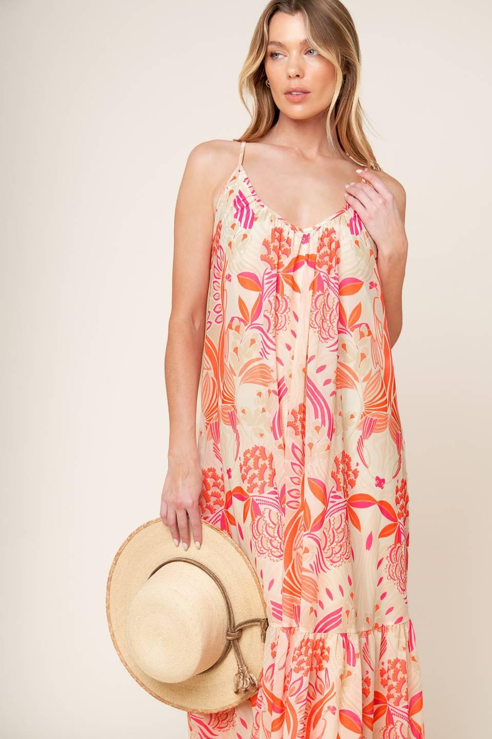 Lauren Secret Garden Woven Maxi Dress in white pink orange, view 6 — Soul Flow Apparel