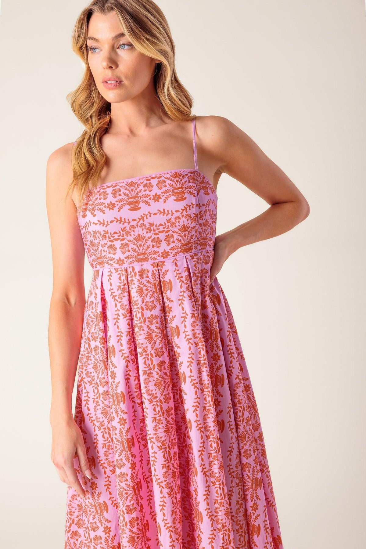 The Evette Pink Woven Midi Dress, view 3 — Soul Flow Apparel