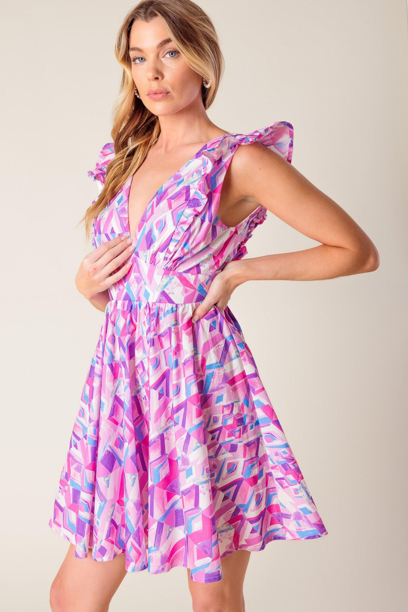 Better Without You Woven Mini Dress in pink blue, view 5 — Soul Flow Apparel