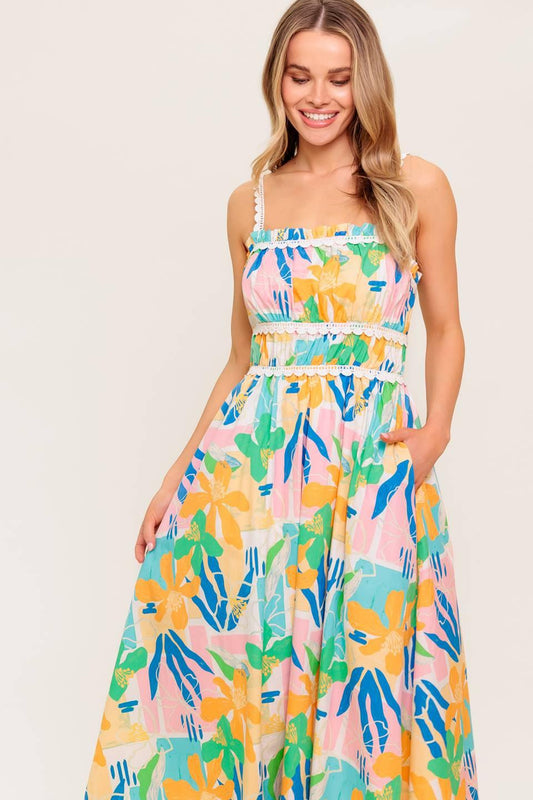 Sunlit Garden Pink Blue Woven Midi Dress, view 2 — Soul Flow Apparel