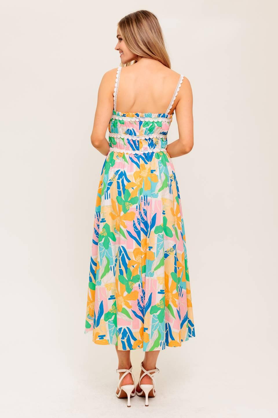 Sunlit Garden Pink Blue Woven Midi Dress, view 7 — Soul Flow Apparel