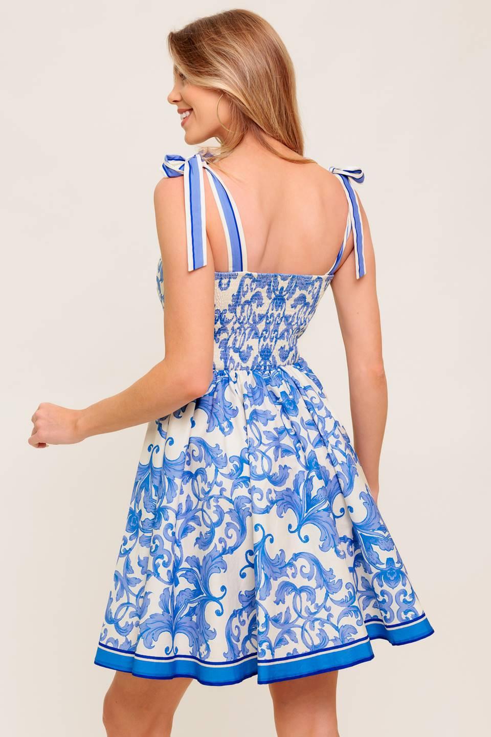 Florence Days Floral Blue Woven Mini Dress in ivory, view 7 — Soul Flow Apparel