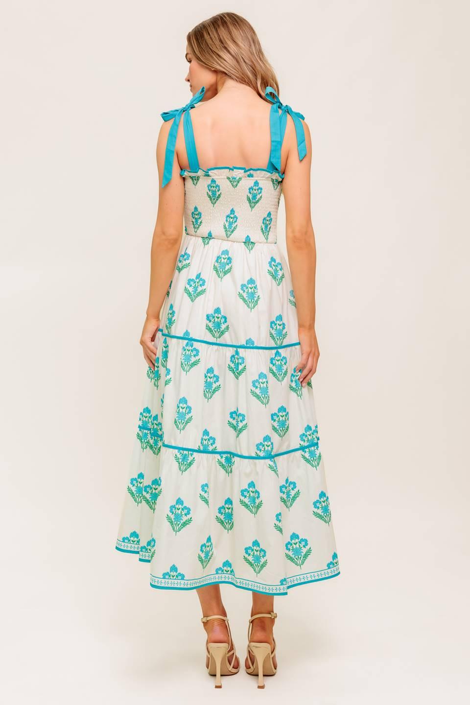 Midnight Botanica Woven Midi Dress in ivory blue, view 6 — Soul Flow Apparel