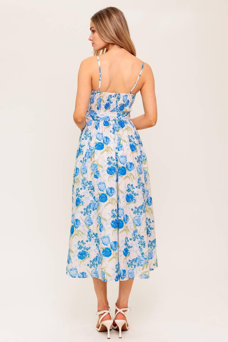 Rosy Mood Floral Woven Midi Dress in ivory blue, view 6 — Soul Flow Apparel