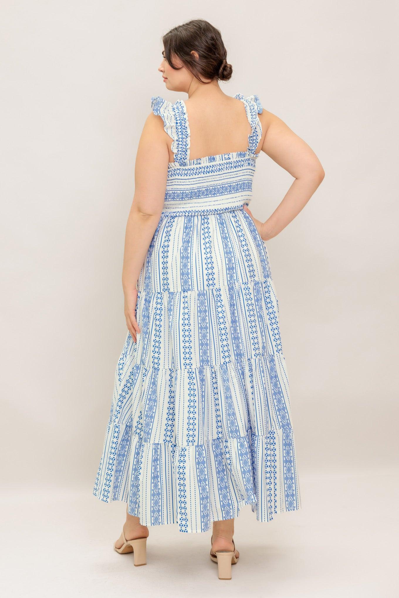 Midsummer Petals Woven Midi Dress in ivory blue, view 6 — Soul Flow Apparel