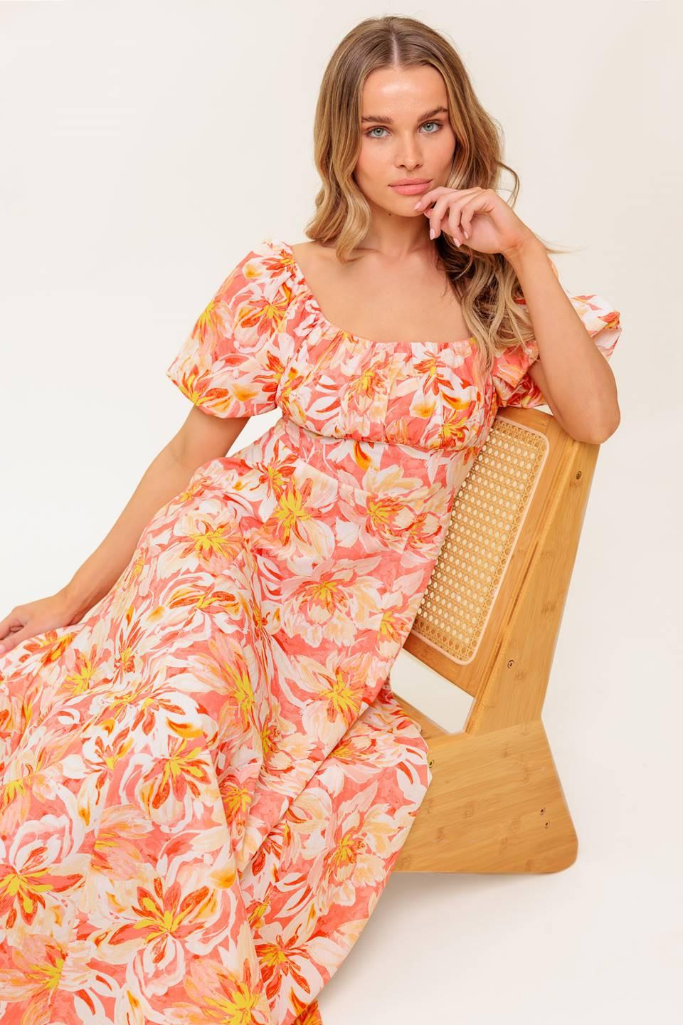 Ocean Florals Coral Woven Midi Dress, view 7 — Soul Flow Apparel