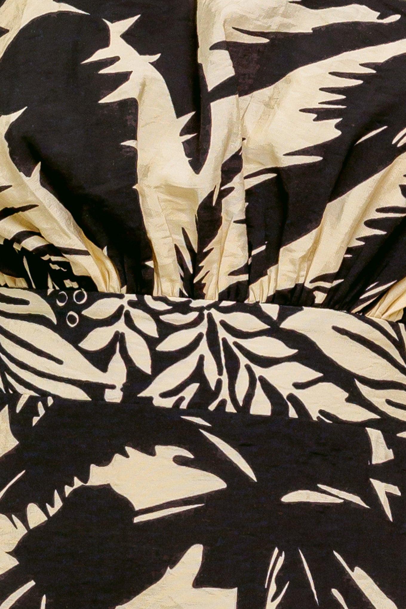Tropic Spiral Woven Mini Dress in black taupe, fabric swatch — Soul Flow Apparel