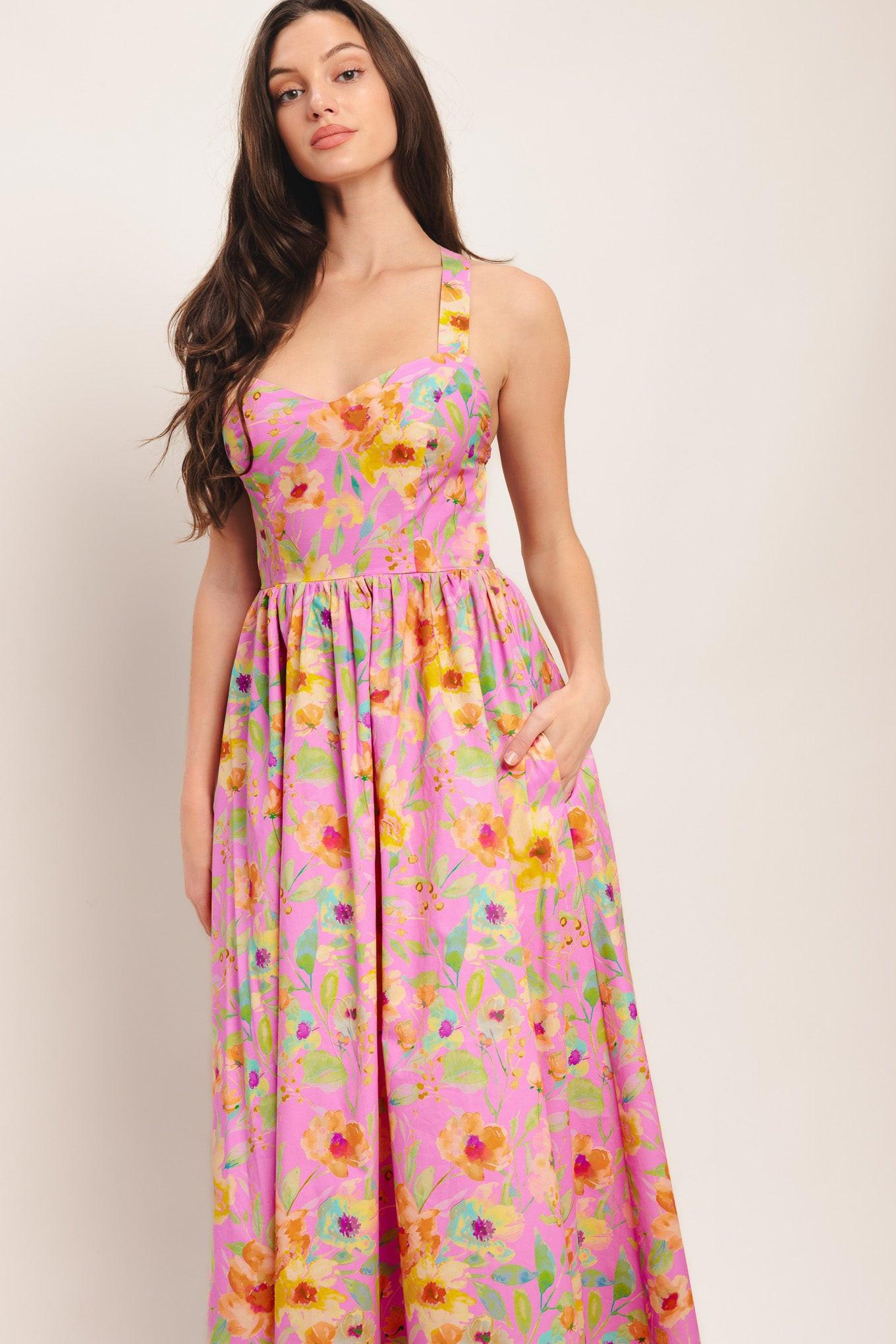 Rosy Daydream Woven Midi Dress in pink, view 4 — Soul Flow Apparel