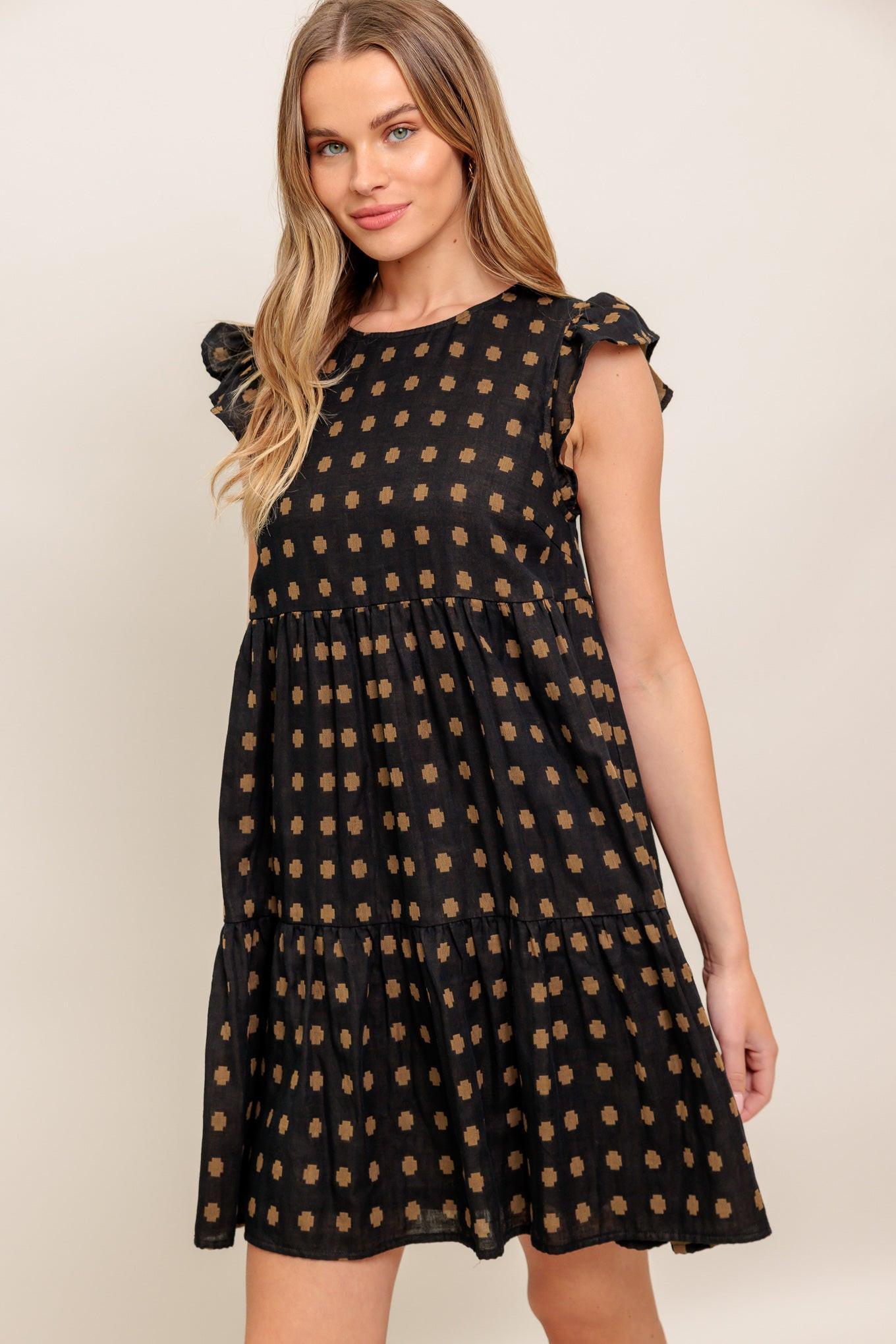 Polka Breeze Woven Mini Dress in black brown, view 4 — Soul Flow Apparel