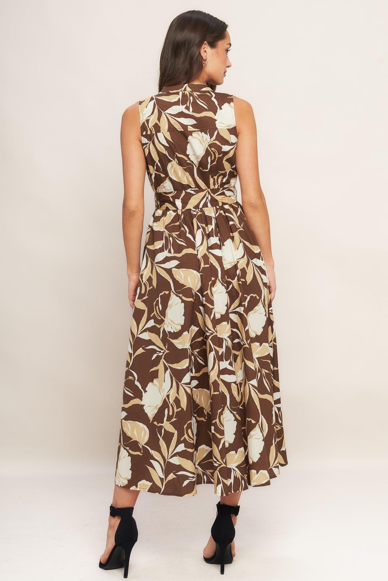 Elegant Bloom Woven Midi Dress in brown, view 5 — Soul Flow Apparel