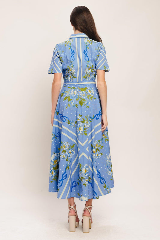 Sweet Sophisticate Woven Midi Dress in periwinkle, view 3 — Soul Flow Apparel