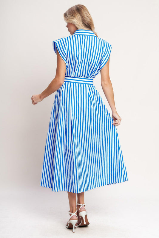Bistro Stripe Woven Midi Dress in ivory blue, view 7 — Soul Flow Apparel