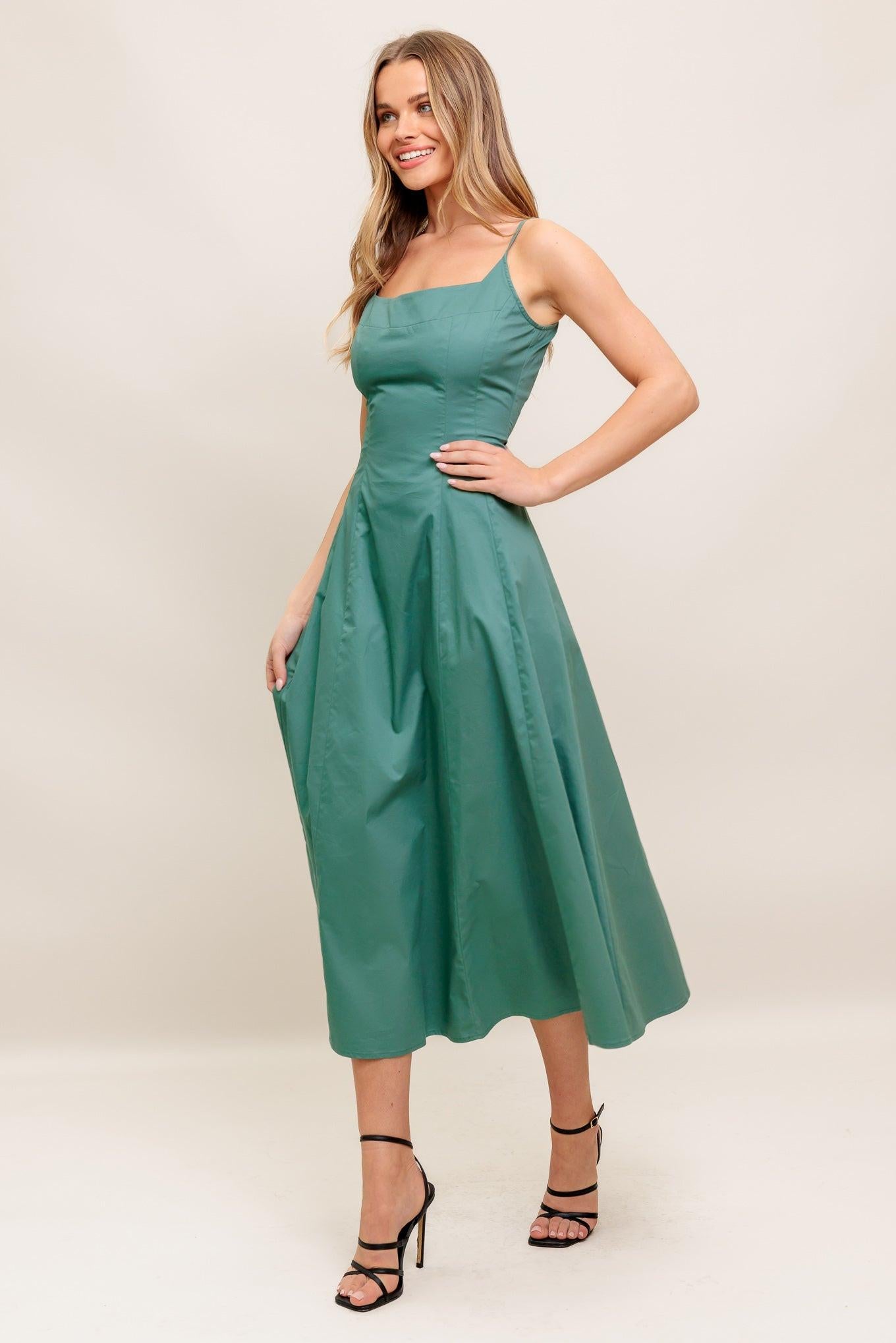 Verde Elegante Woven Midi Dress in teal green, view 5 — Soul Flow Apparel