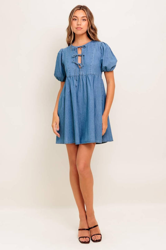 Sunset Getaway Denim Mini Dress in medium indigo, view 1 — Soul Flow Apparel