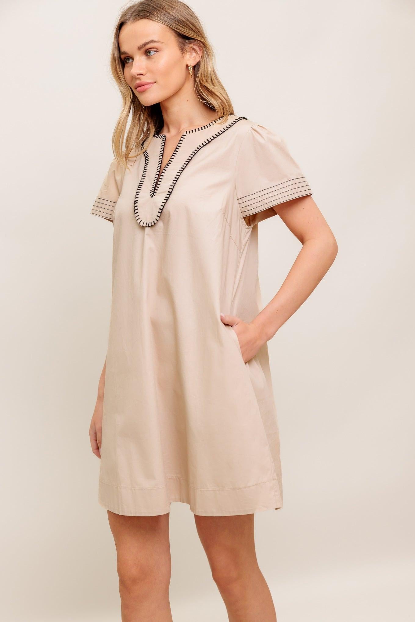Calm Silhouette Woven Mini Dress in taupe black, view 5 — Soul Flow Apparel