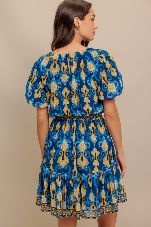 Baroque Breeze Woven Mini Dress in navy, view 6 — Soul Flow Apparel