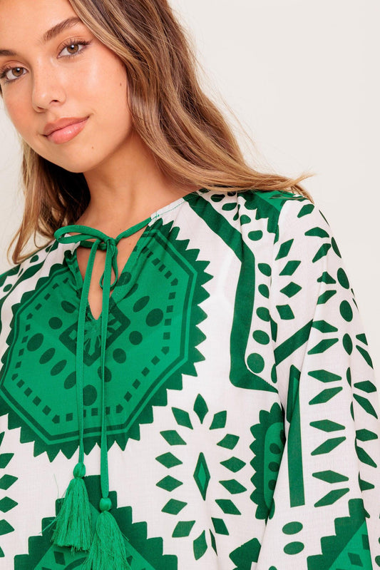 Emerald Terra Tunic Woven Mini Dress in ivory green, view 4 — Soul Flow Apparel