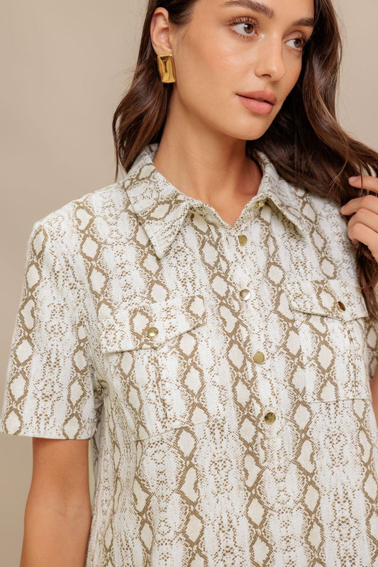Chic Python Woven Mini Dress in ivory taupe, view 6 — Soul Flow Apparel