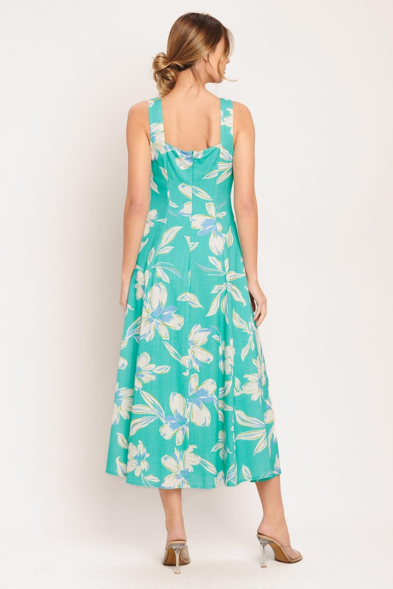 Aqua Daydream Woven Midi Dress in green, view 2 — Soul Flow Apparel
