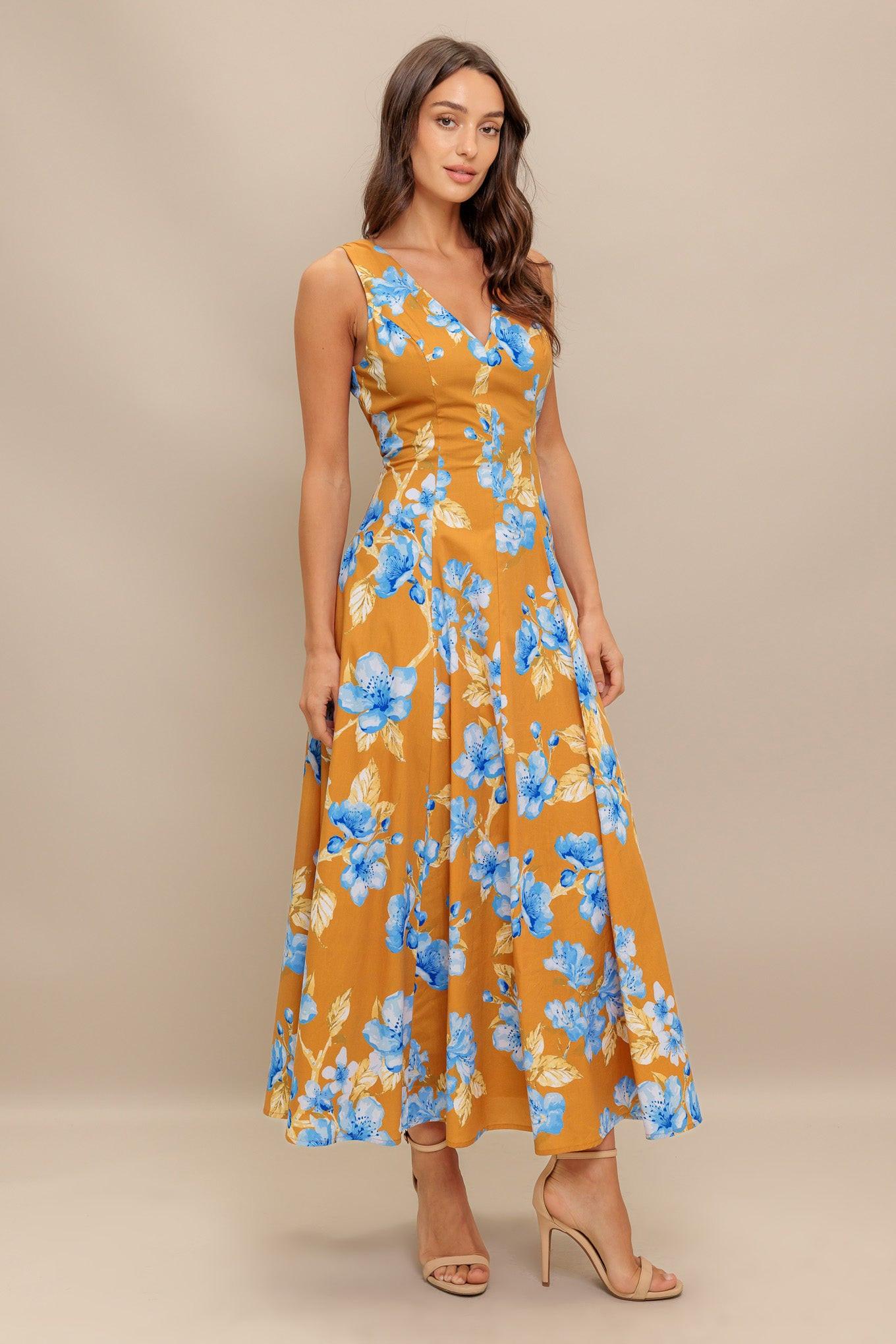 Skyblossom Rush Woven Midi Dress in camel, view 4 — Soul Flow Apparel