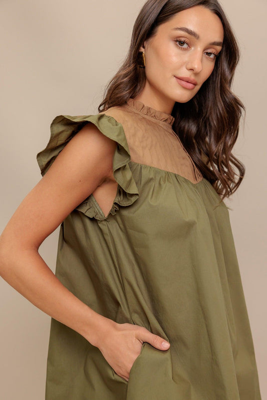 Forest Whisper Woven Mini Dress in olive, view 5 — Soul Flow Apparel