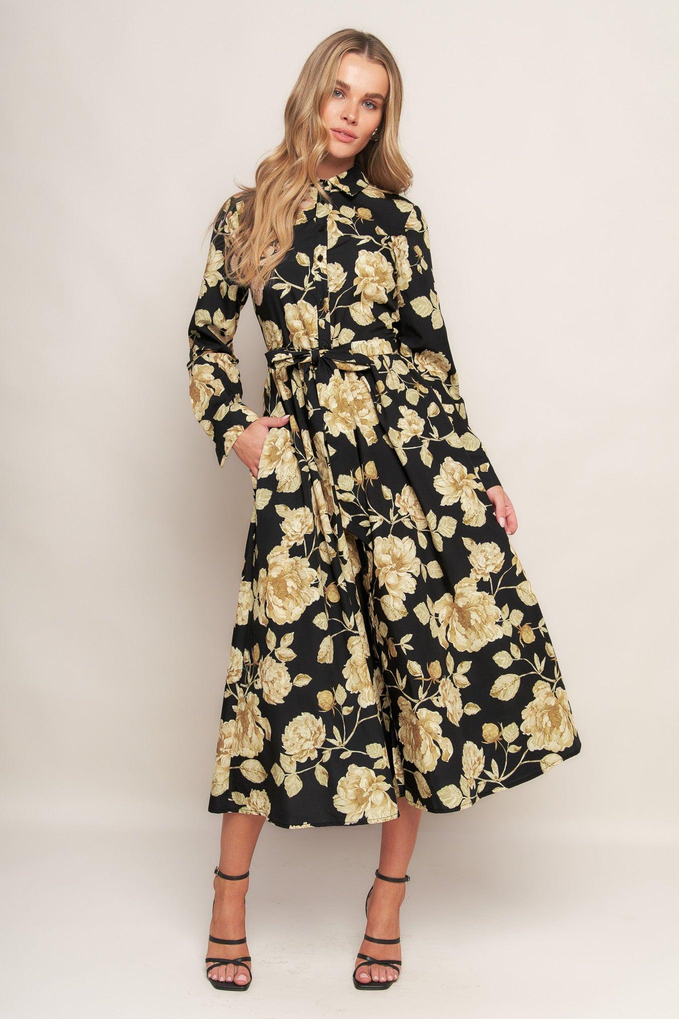 Midnight Bloom Black Woven Midi Dress, view 1 — Soul Flow Apparel