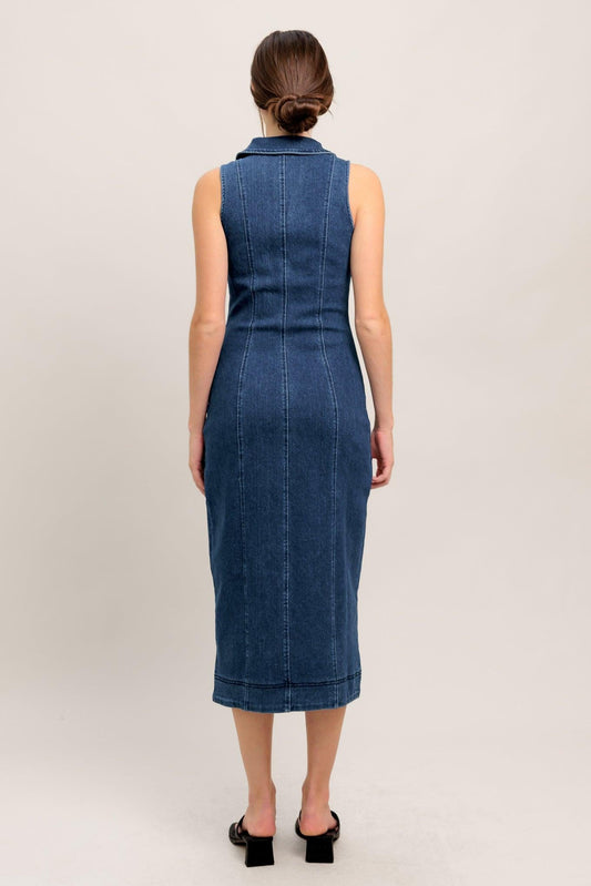 Everyday Edge Denim Midi Dress in medium indigo, view 4 — Soul Flow Apparel