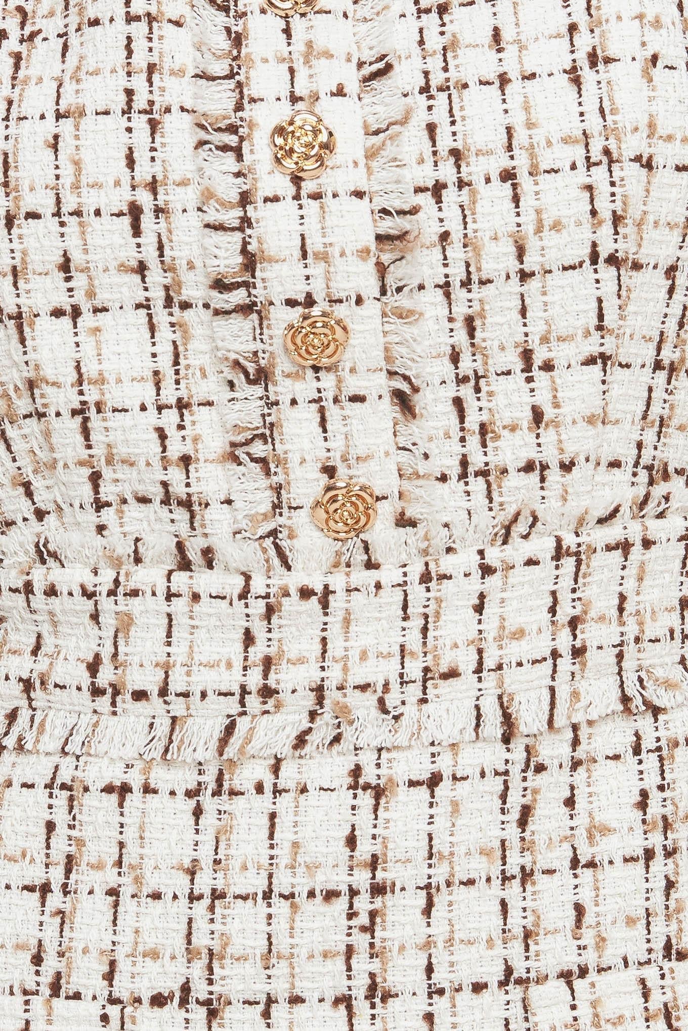 Golden Grid Luxe Tweed Mini Dress in ivory brown, fabric swatch — Soul Flow Apparel