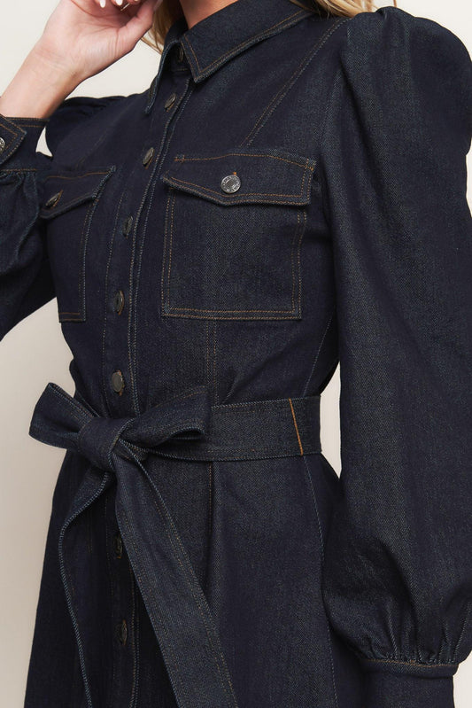 Holiday Dark Indigo Denim Mini Dress, view 8 — Soul Flow Apparel
