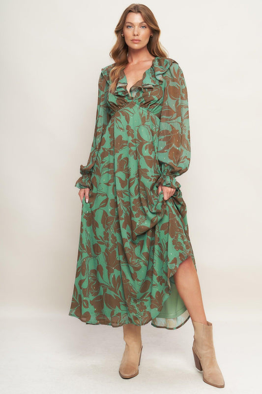 Botanic Dreams Woven Maxi Dress in sage brown, view 1 — Soul Flow Apparel