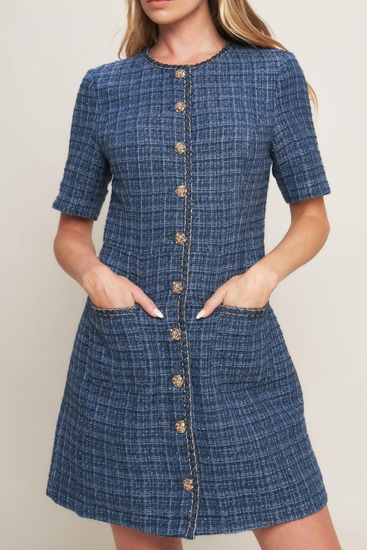 Modern Iconic Tweed Mini Dress in blue, view 6 — Soul Flow Apparel