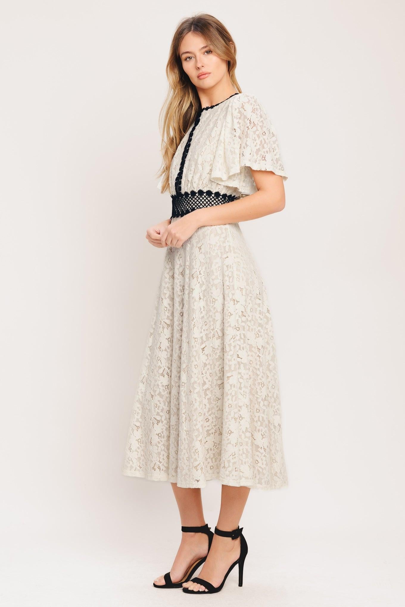 Petite Lune Woven Lace Midi Dress in ivory, view 3 — Soul Flow Apparel