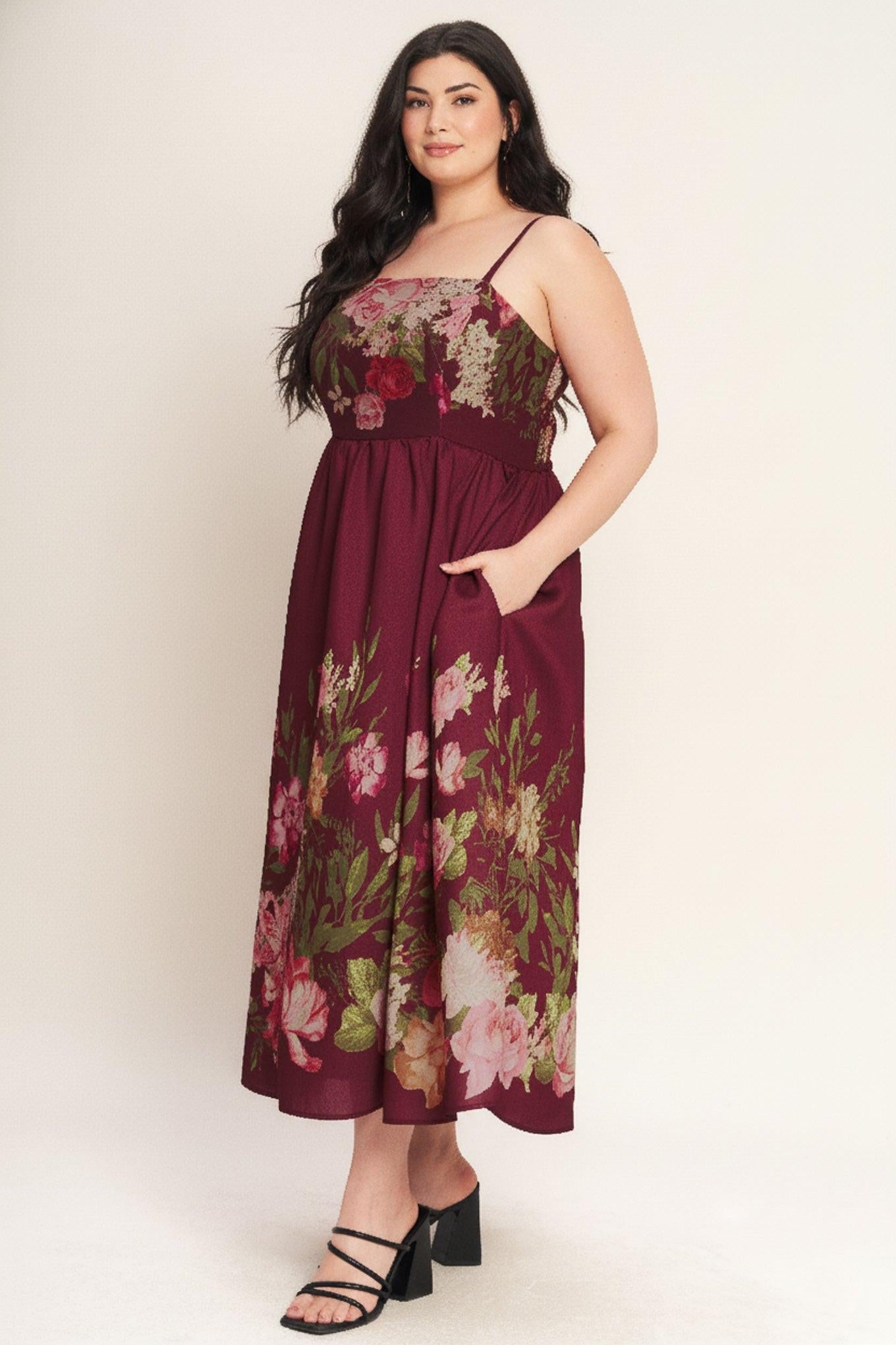 Secret Garden Romance Woven Ankle Dress in burgundy, view 4 — Soul Flow Apparel