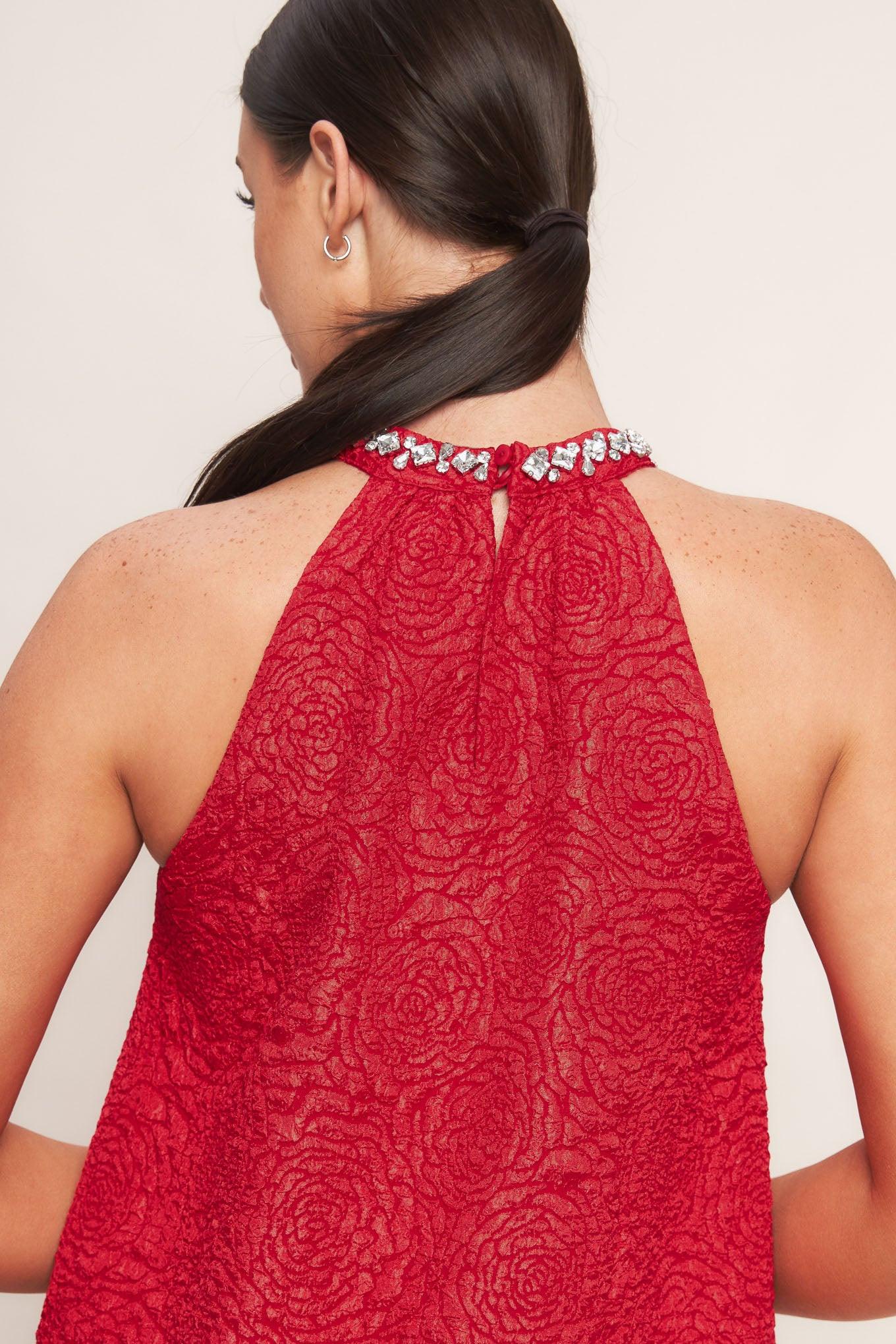 Sparkle & Swirl Woven Mini Dress in red, view 8 — Soul Flow Apparel