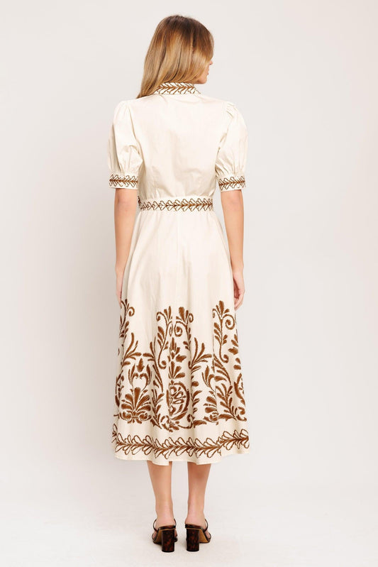 Romantic Heirloom Woven Midi Dress in beige, view 6 — Soul Flow Apparel