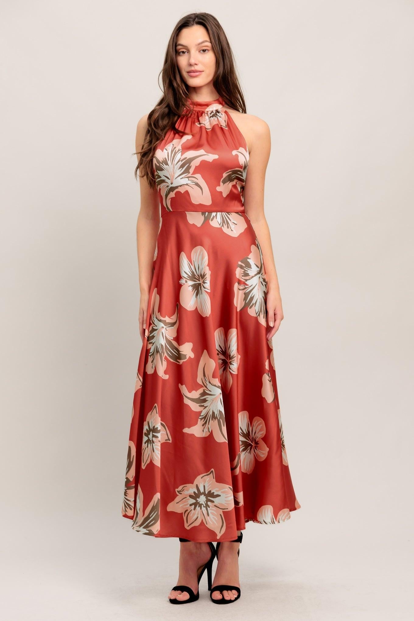 Can’t Look Away Woven Midi Dress in coral red, view 4 — Soul Flow Apparel