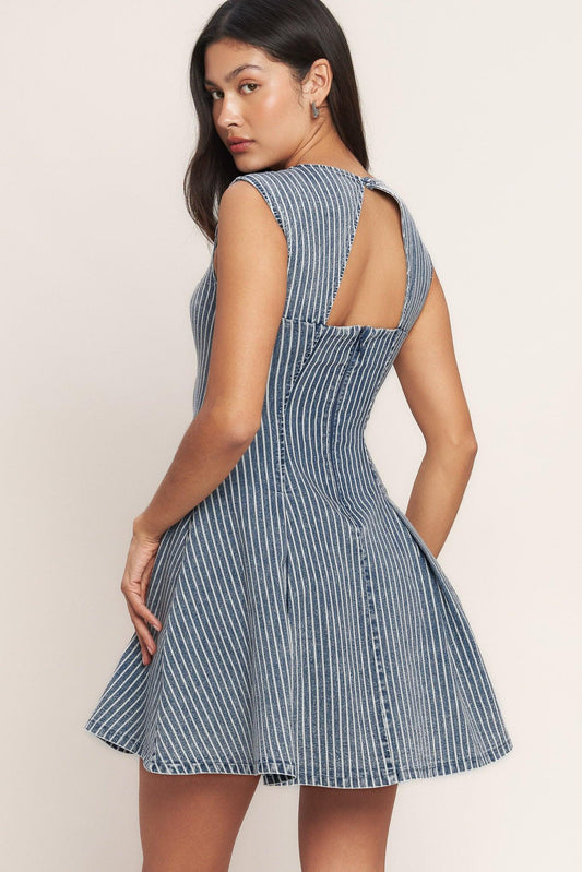 Perfectly Planned Striped Denim Mini Dress in blue white, view 3 — Soul Flow Apparel