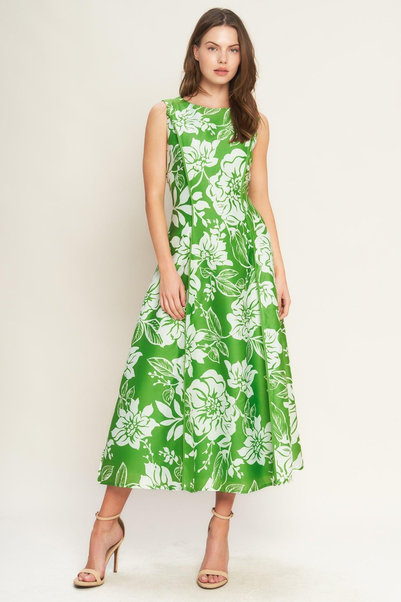 Garden Goddess Woven Midi Dress in green white, view 1 — Soul Flow Apparel