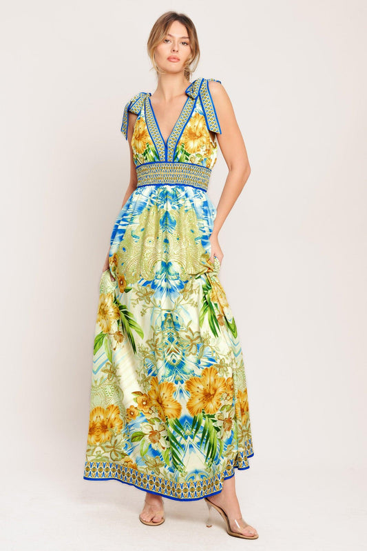 Resort Opulence Woven Maxi Dress in blue multi, view 2 — Soul Flow Apparel