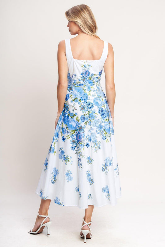 Classic Bloom Day Woven Midi Dress in white blue, view 5 — Soul Flow Apparel