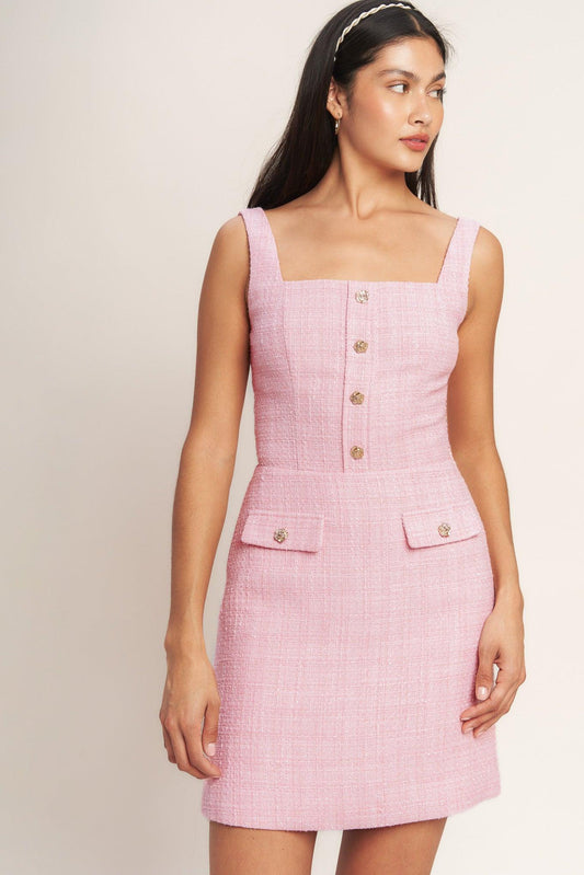On My Way Pink Woven Tweed Mini Dress in light, view 7 — Soul Flow Apparel