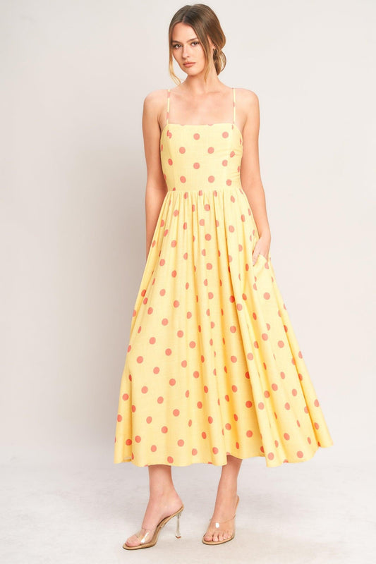 Golden Summer Polka Woven Midi Dress in light yellow, view 3 — Soul Flow Apparel