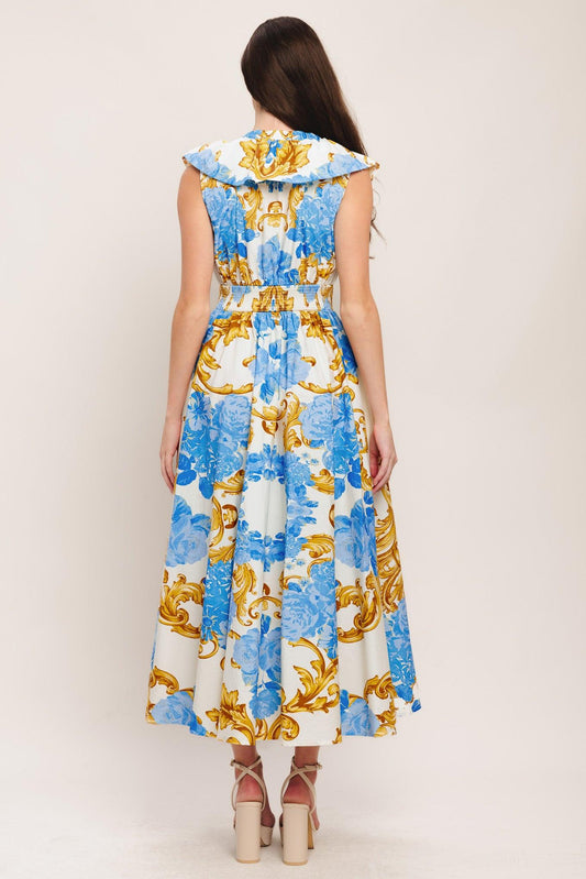 Baroque Bloom Woven Midi Dress in off-white blue gold, view 6 — Soul Flow Apparel