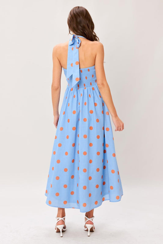 Cotton Candy Sky Dot Woven Midi Dress in light blue, view 7 — Soul Flow Apparel