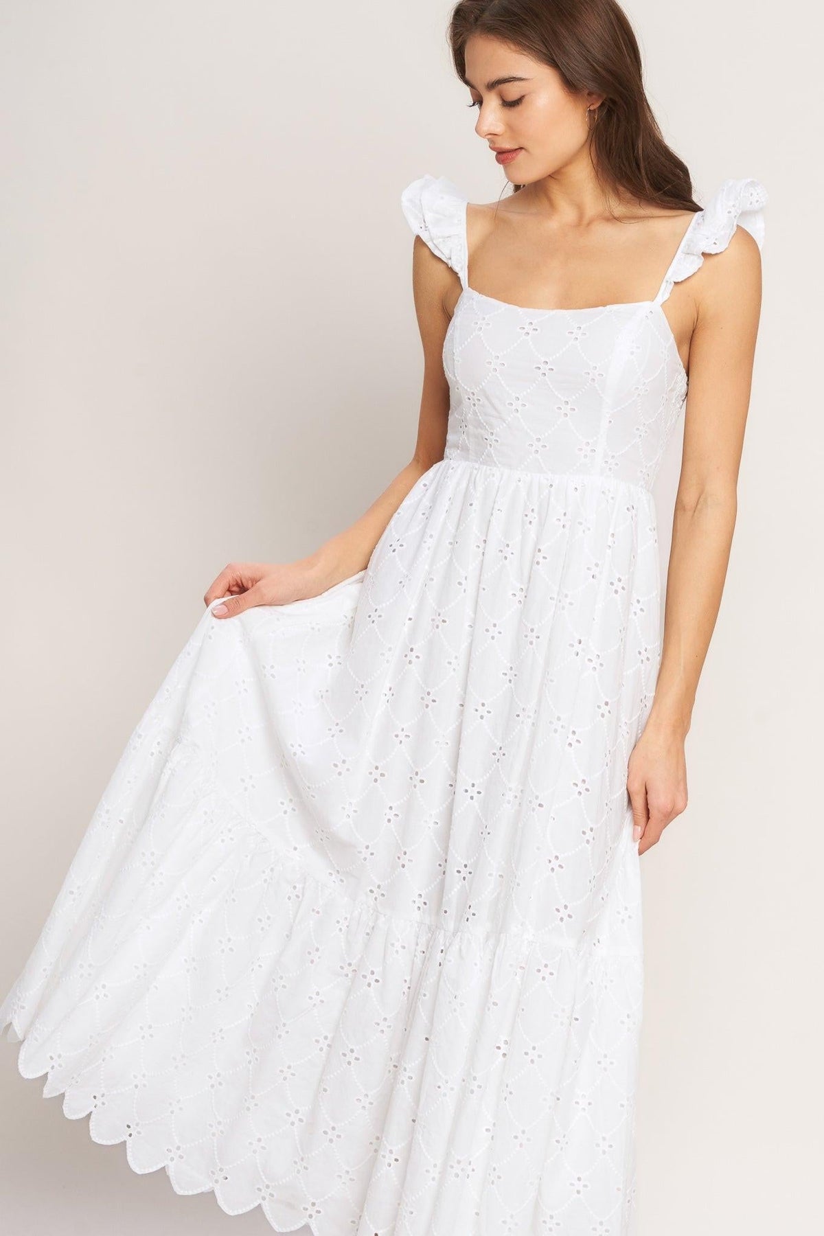 Sweet Escape Woven Eyelet Midi Dress in white, view 2 — Soul Flow Apparel