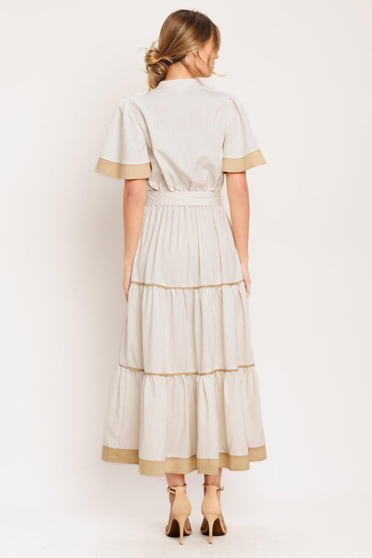 Paris Morning Taupe Woven Midi Dress in white stripe, view 3 — Soul Flow Apparel