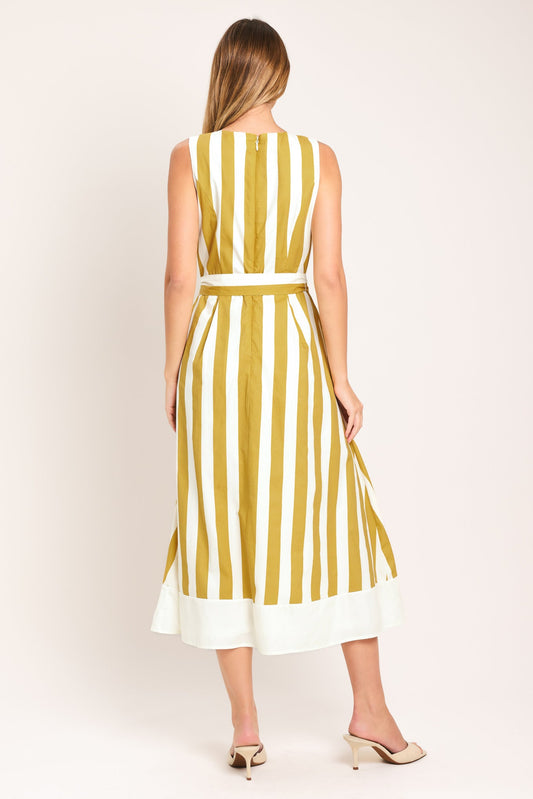 Sunshine Stripe Woven Midi Dress in ivory taupe, view 2 — Soul Flow Apparel