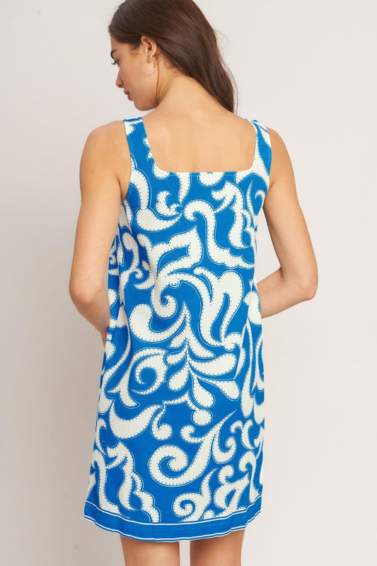 Azure Swirl Woven Mini Dress in blue white, view 3 — Soul Flow Apparel